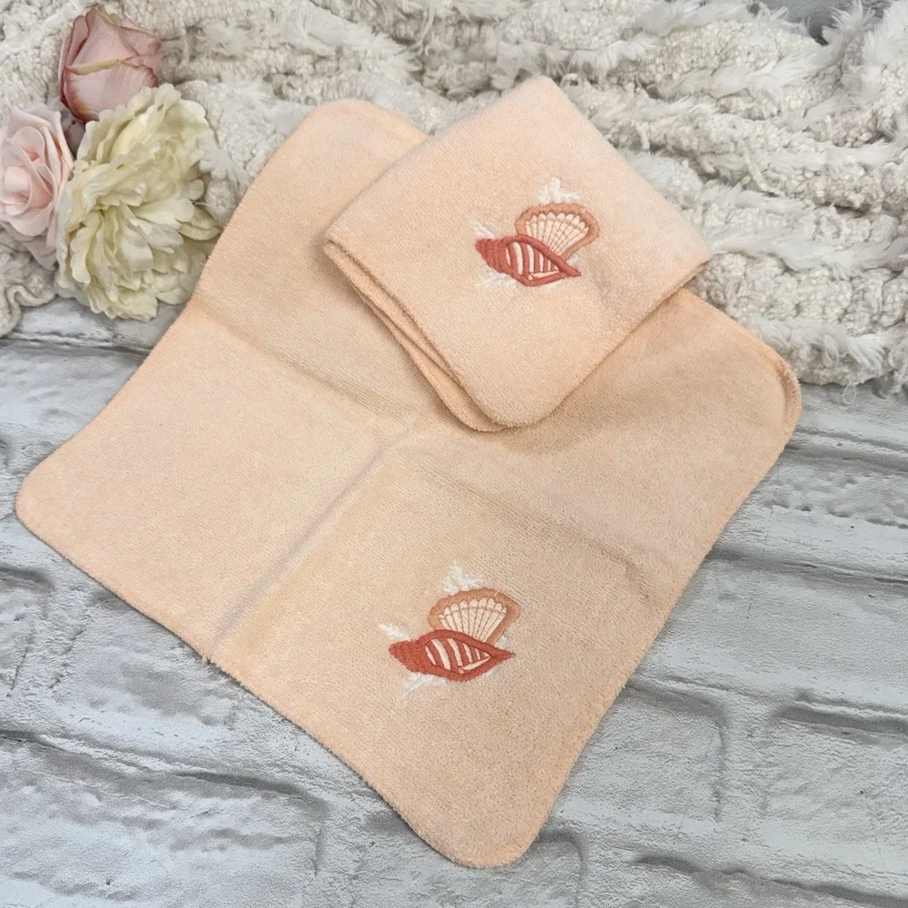Vtg RA Briggs Seashell Embroidered Peach Bath Towel 4pc Set Beach House Seashore